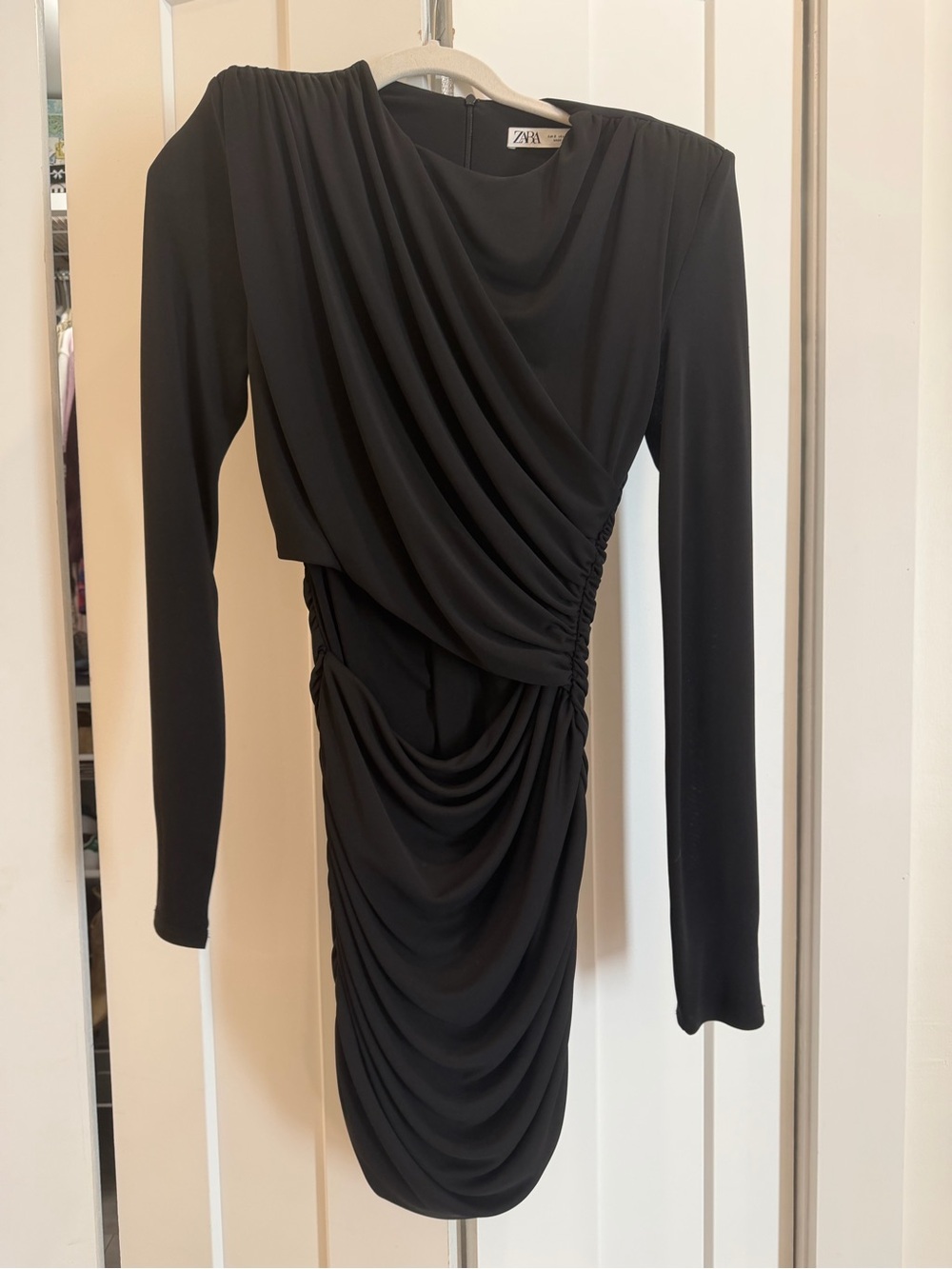 Zara Black Long-Sleeve Draped Ruched Mini Dress